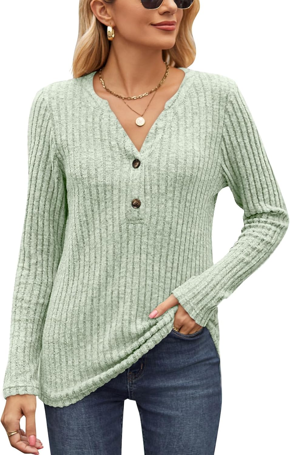 Akiooue Womens Long Sleeve Tops Casual V Neck Jumpers Ladies Solid Lightwight Kn...