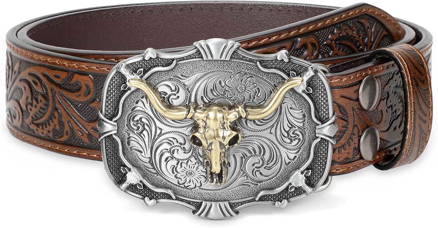 WHIPPY Mens Cowboy Belt Western Belts for Men Women with Engraved Floral Bull He...