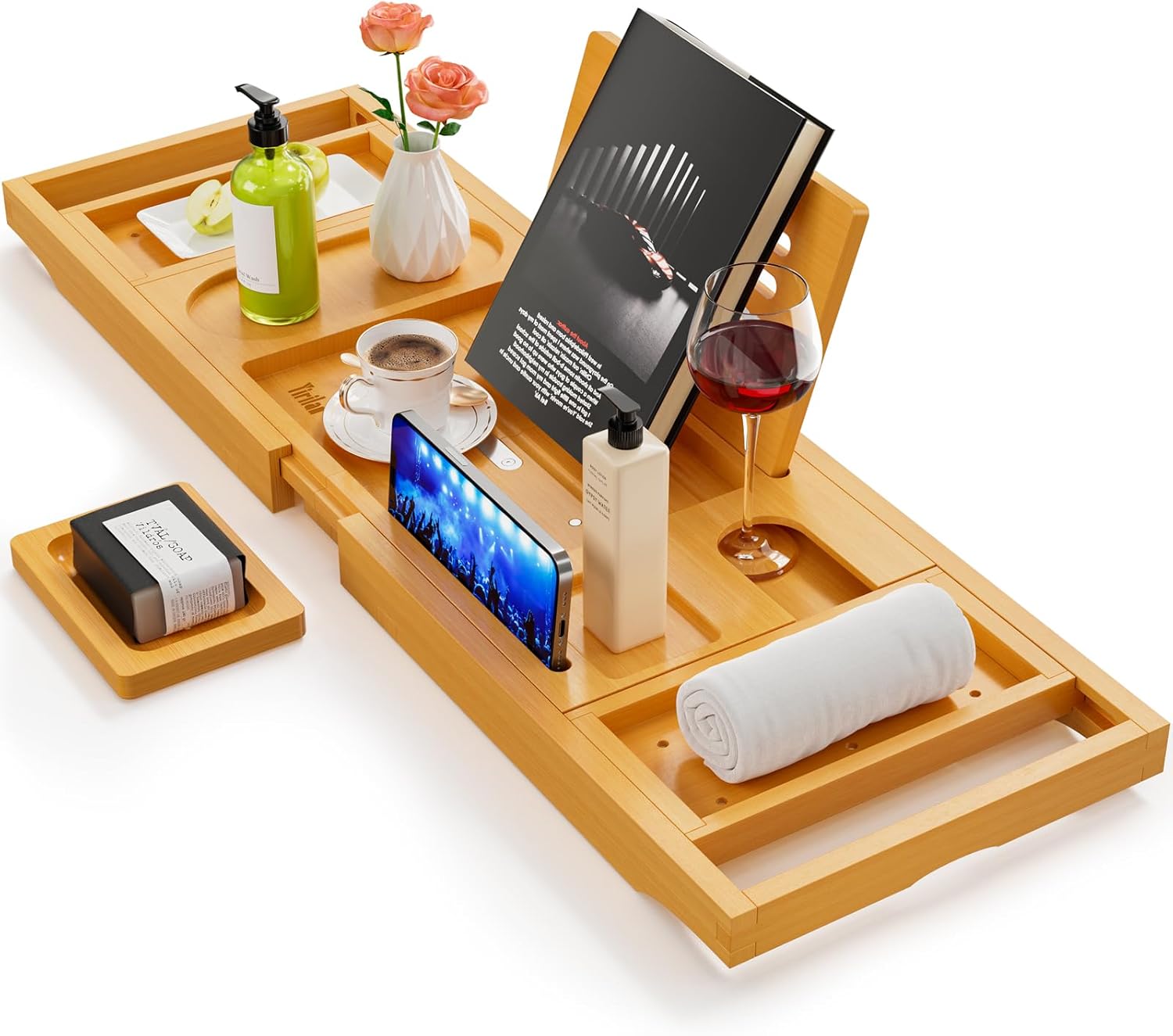 Yirilan Bamboo Bath Tray, Foldable Premium bath caddy, Adjustable bath board wit...