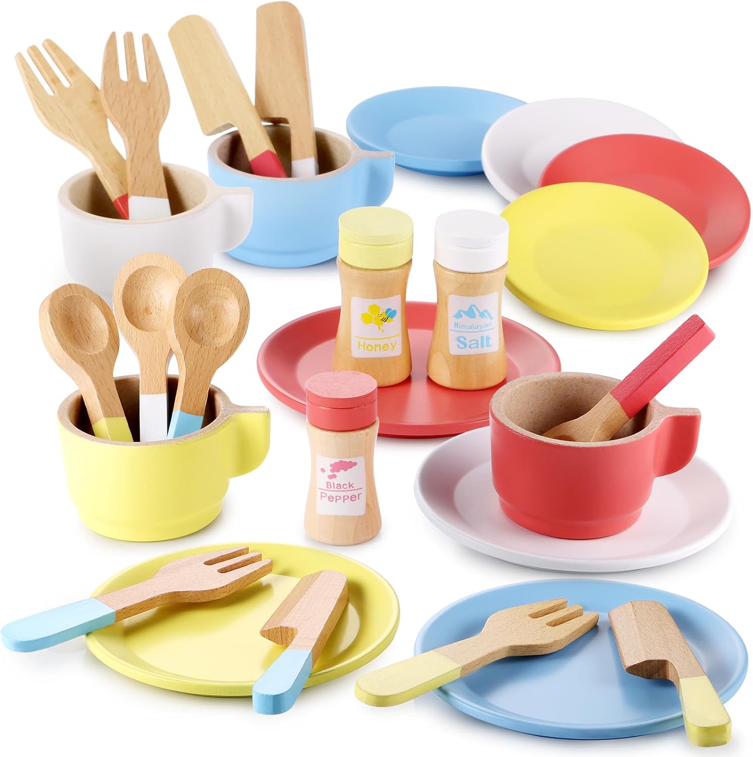 GAGAKU Wooden Play Dishes and Plates for Kids Kitchen Set 27 PCS Montessori Wood...