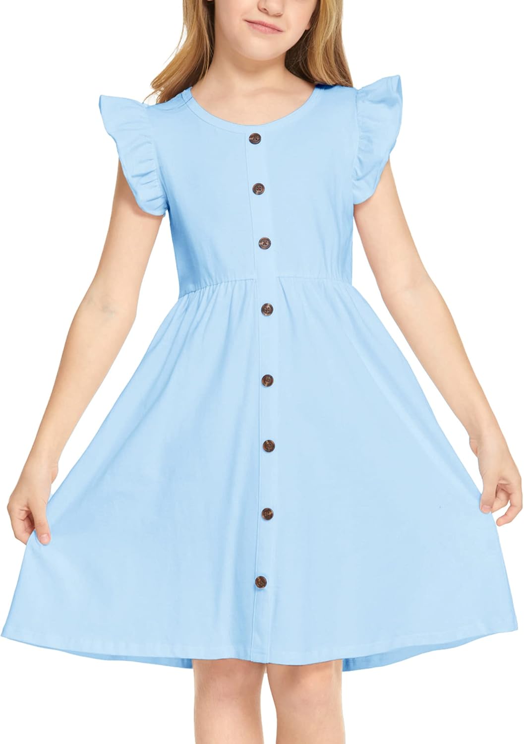 Arshiner Girls Dress Flutter Sleeve A-Line Button Down Sundress Casual Midi Dres...