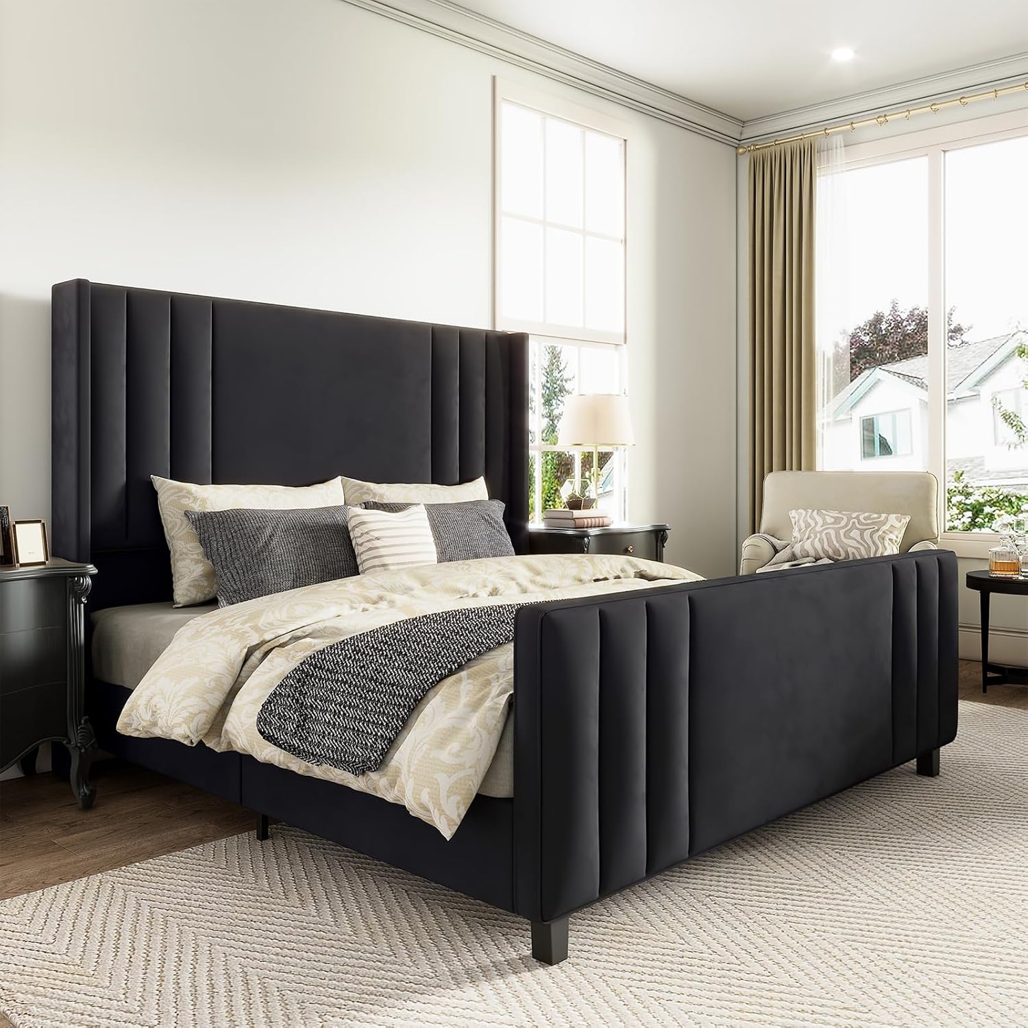 AMERLIFE King Size Bed Frame, Velvet Upholstered Platform Bed with Vertical Chan...