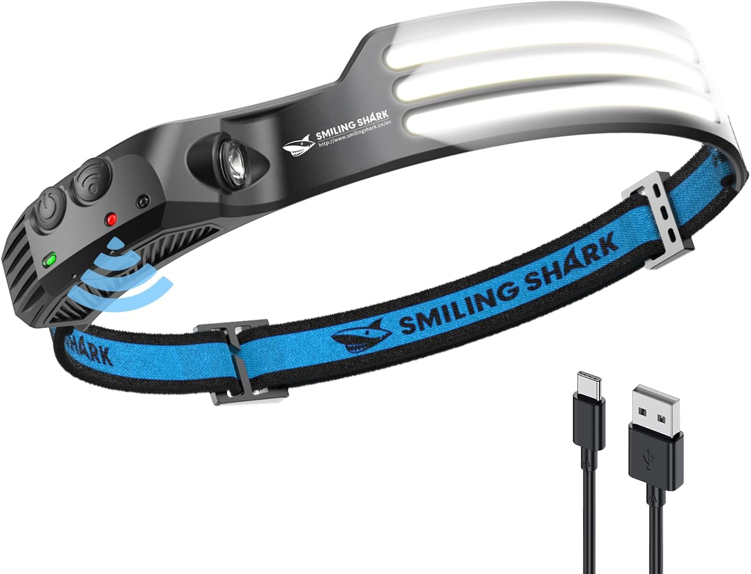 Smiling Shark LED Headlamp, 230°Wide Angle 3*White Light Strips The Brightest He...