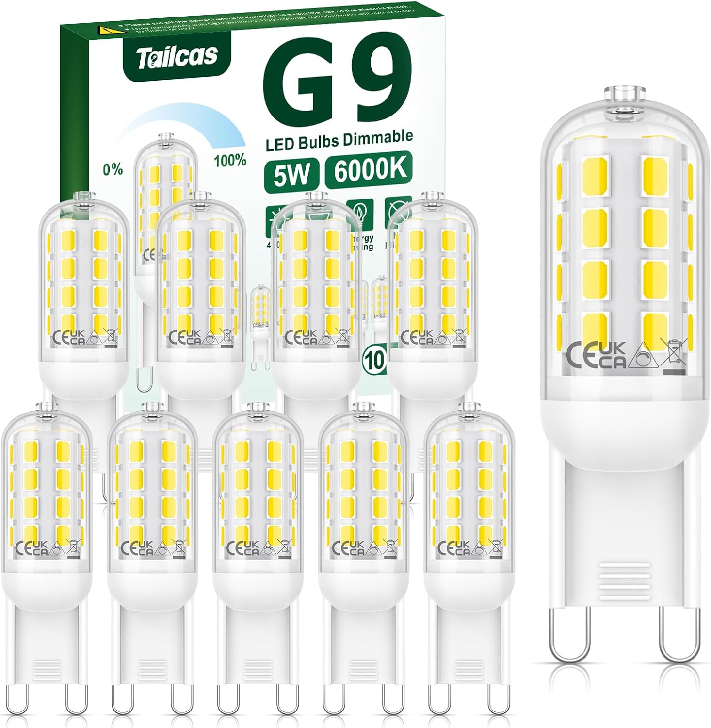 Tailcas G9 LED Bulbs Dimmable, 5W 6000K Cool White, 450LM 10 Pack, Equivalent to...