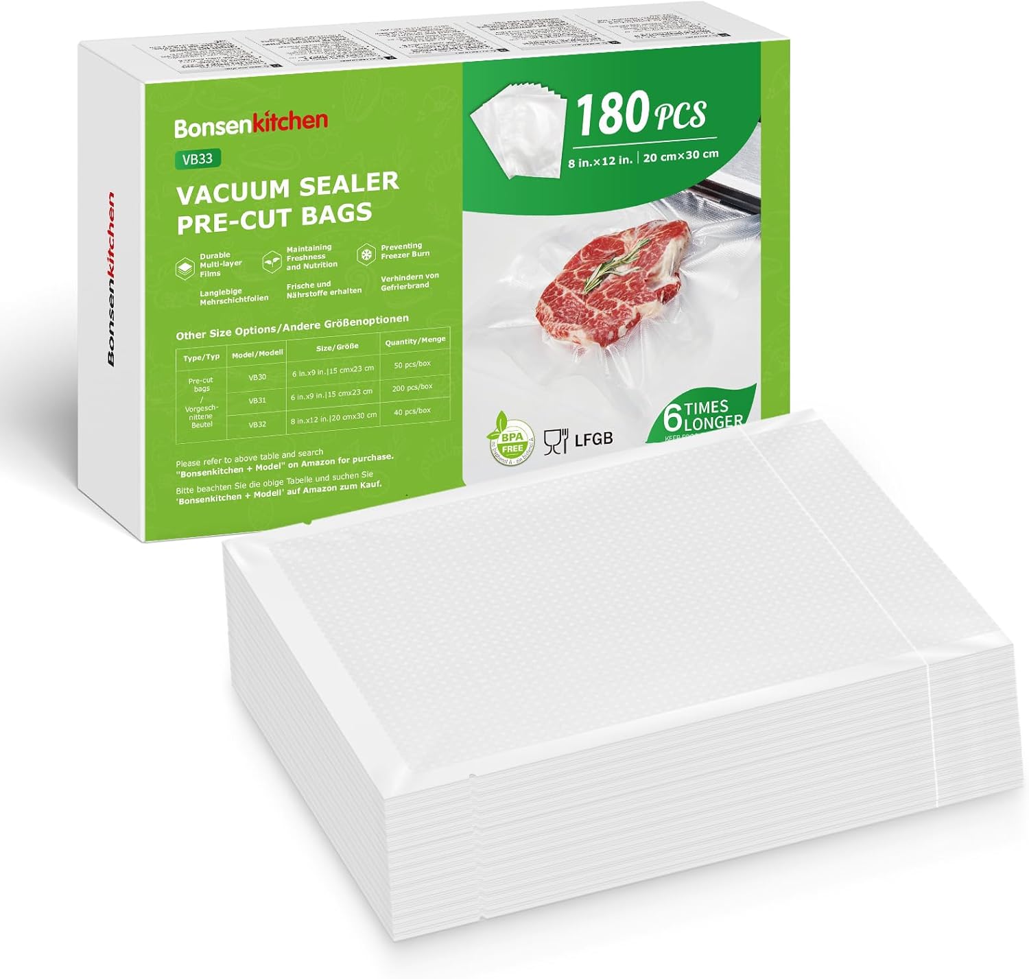 Bonsenkitchen Professional Vacuum Sealer Bags, 180 Pcs 20 x 30 cm Vacuum Sealer...