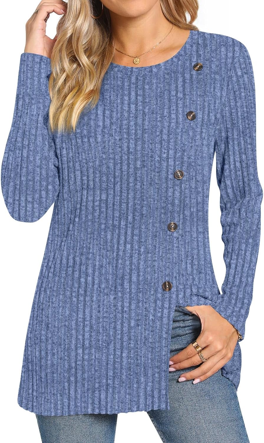 TAOHUADAO Women's Long Sleeve Jumpers Crewneck Tunic Tops with Button Sides Loos...