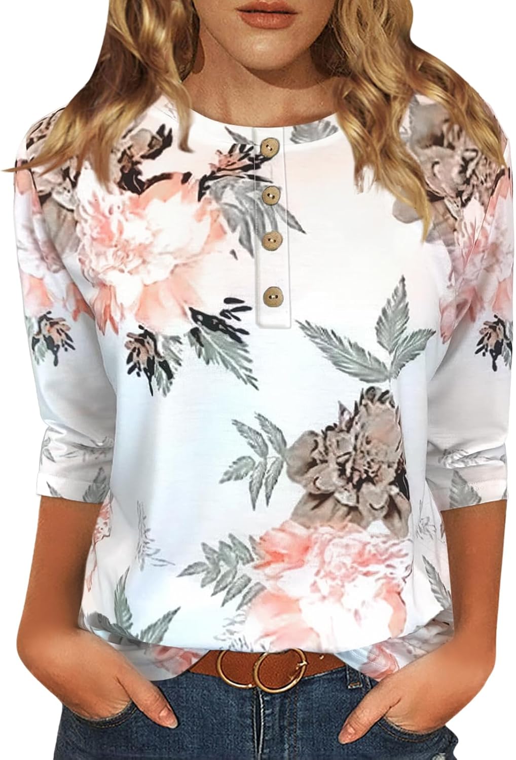Womens Tops Casual 3/4 Sleeve Shirts Crew Neck Loose Casual Blouses Floral Print...