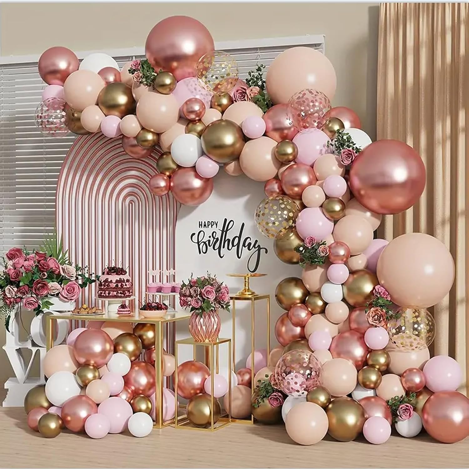 Rose Gold Balloon Garland Kit, Nude Pastel Pink Metallic Gold Matte White Balloo...