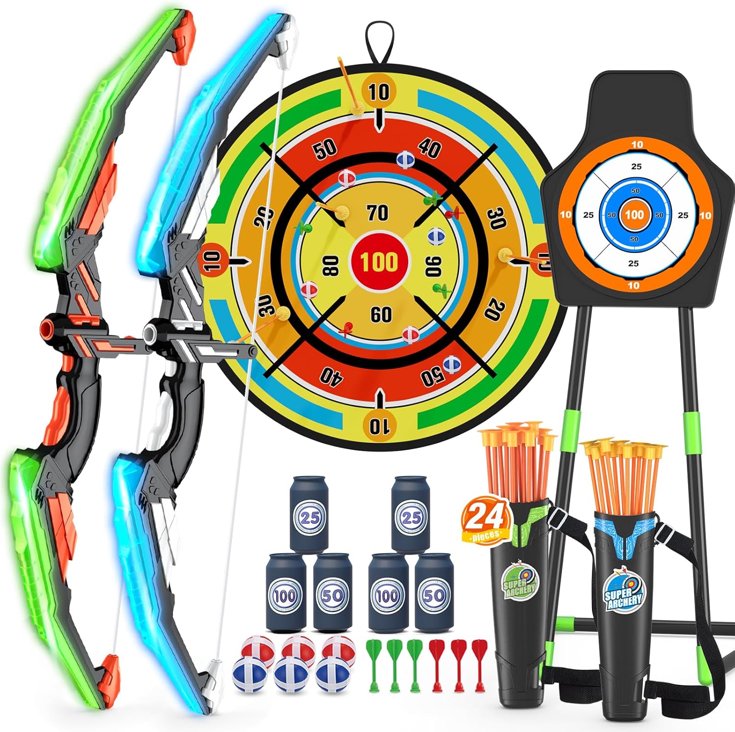 2 Pack Kids Bow and Arrow with 29" Large Dart Board, LED Light Up Archery Set wi...