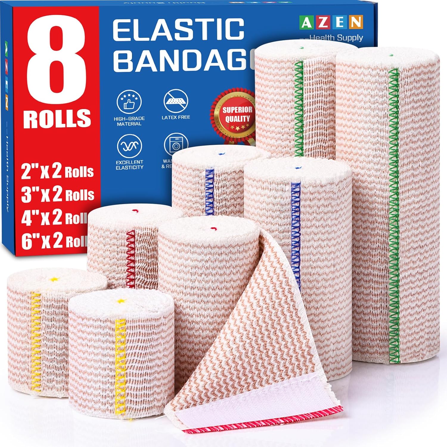 AZEN Premium 8 Pack Elastic Bandage Wrap (2x2", 2x3", 2x4", 2x6"), Compression W...