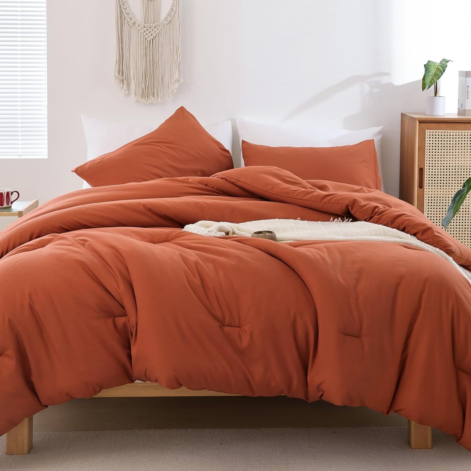 ROSGONIA Queen Comforter Set Burnt Orange, 3pcs (1 Boho Terracotta Comforter & 2...