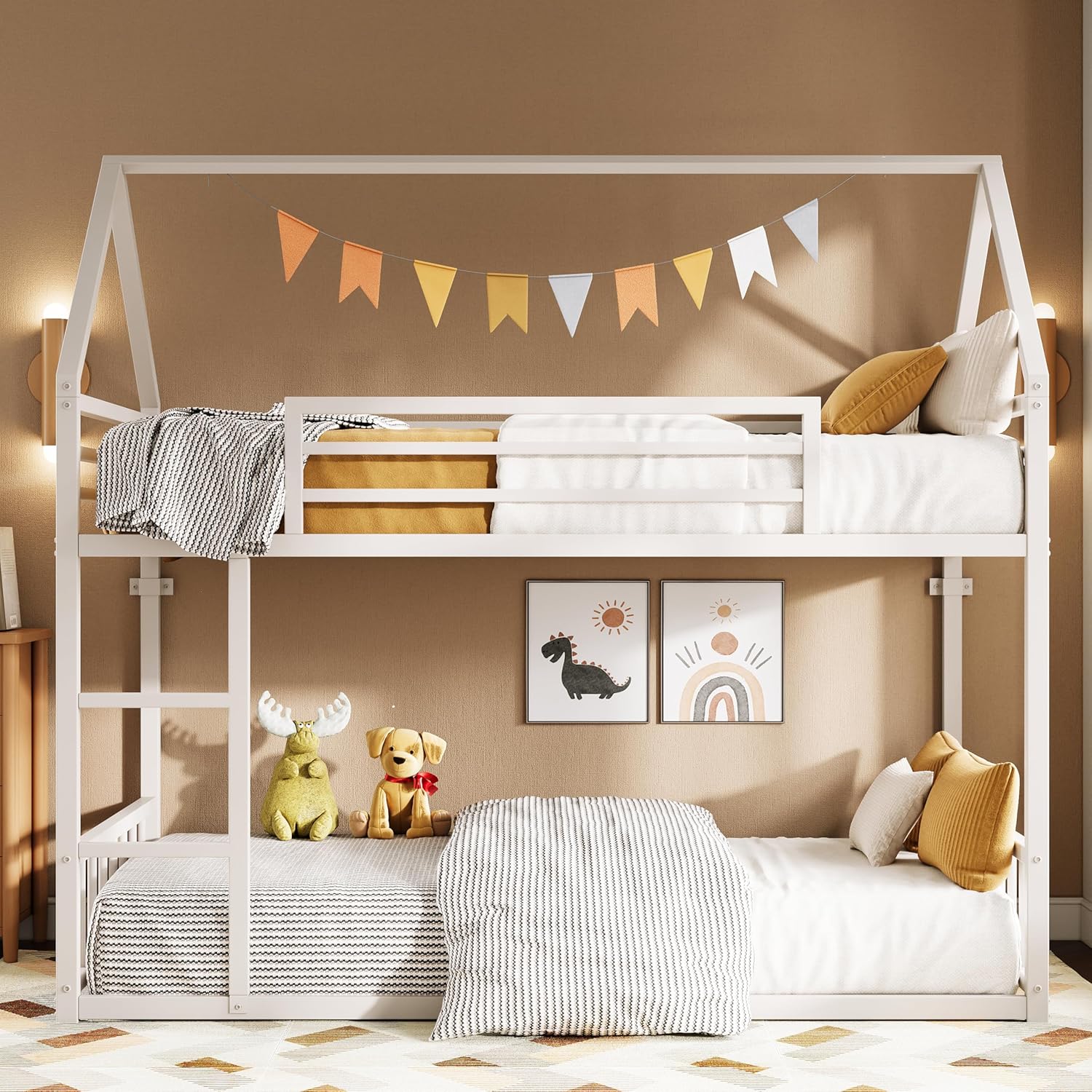 LIKIMIO Bunk Bed Twin Over Twin, House Bunk Bed Frame with Ladder and Guardrail,...