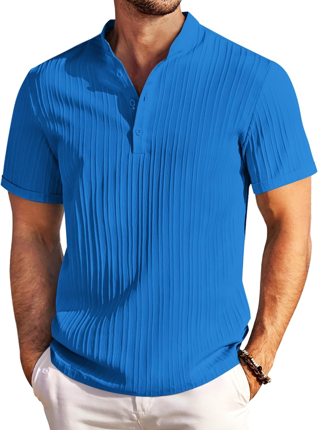 COOFANDY Men's Casual Short Sleeve Shirts Henley Shirt Band Collar Summer Beach...