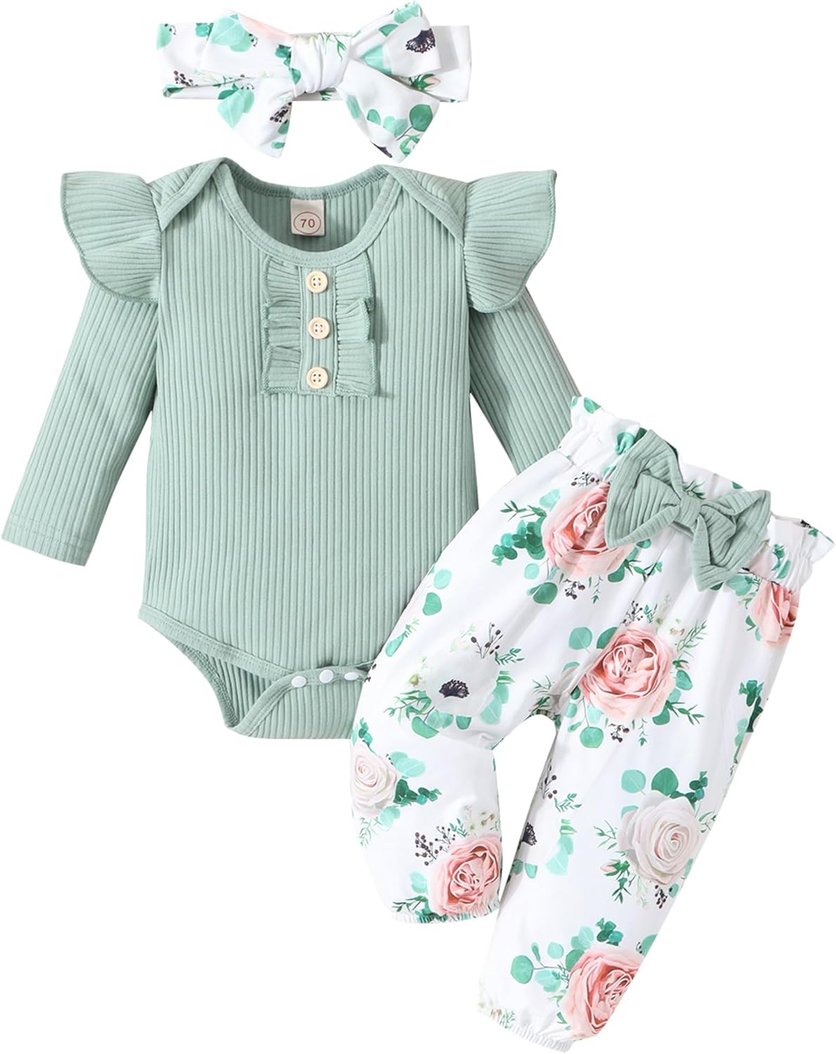 Baby Girl Clothes Newborn Infant Outfits Ruffle Romper+ Floral Pants + Cute Head...