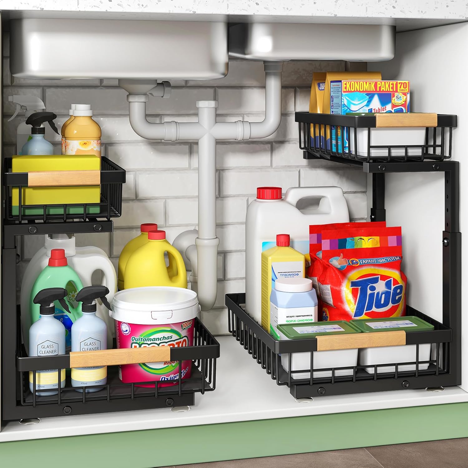 Kitstorack 2 Pack Under Sink Storage, 2 Tier Metal Pull Out Kitchen Under Sink O...