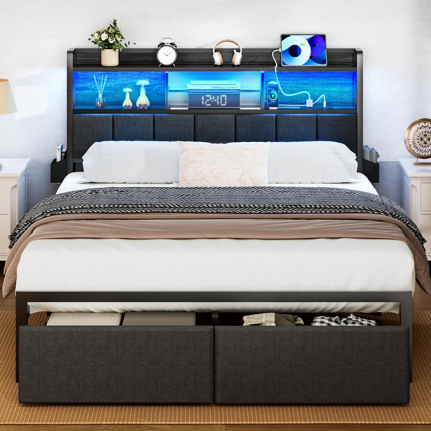 Furnulem Queen Bed Frame with Storage Drawers, Upholstered Headboard with Storag...