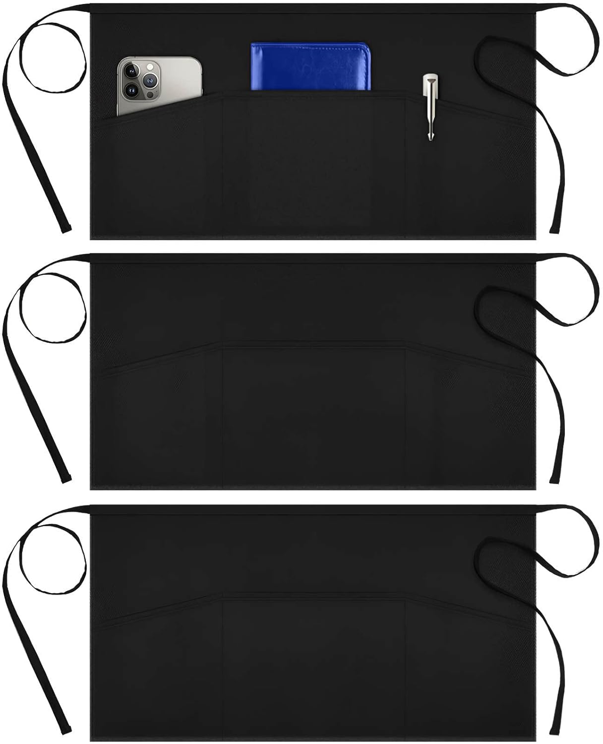 Syntus 3 Pack Server Aprons with 3 Pockets, Waterdrop Resistant Waitress Waiter...
