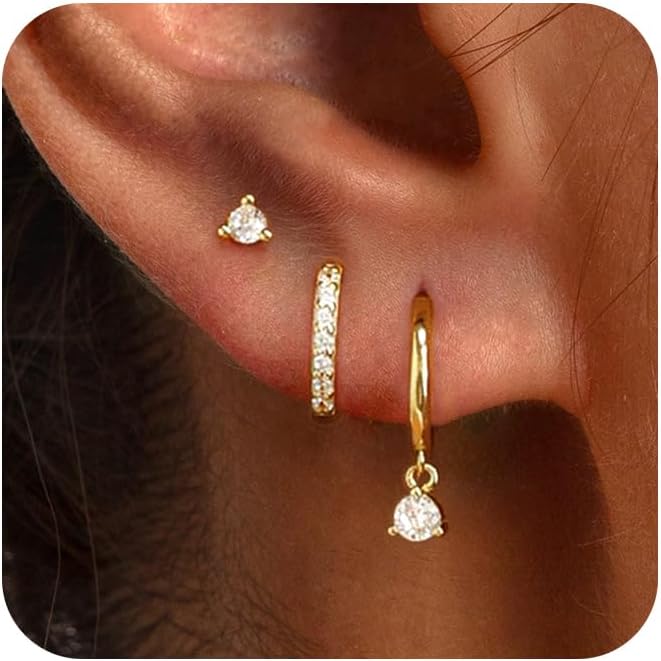 3 Pairs Gold Hoop Earrings Set: Dainty Stud Earrings Trendy Small 14K Gold Plate...