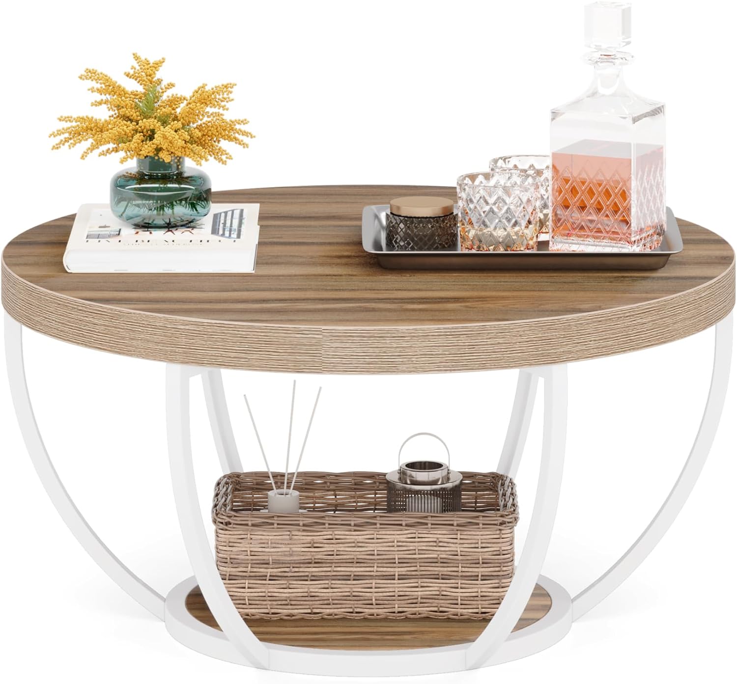 Tribesigns Round Coffee Table, 2-Tier Circle Coffee Table with Storage Shelves,...