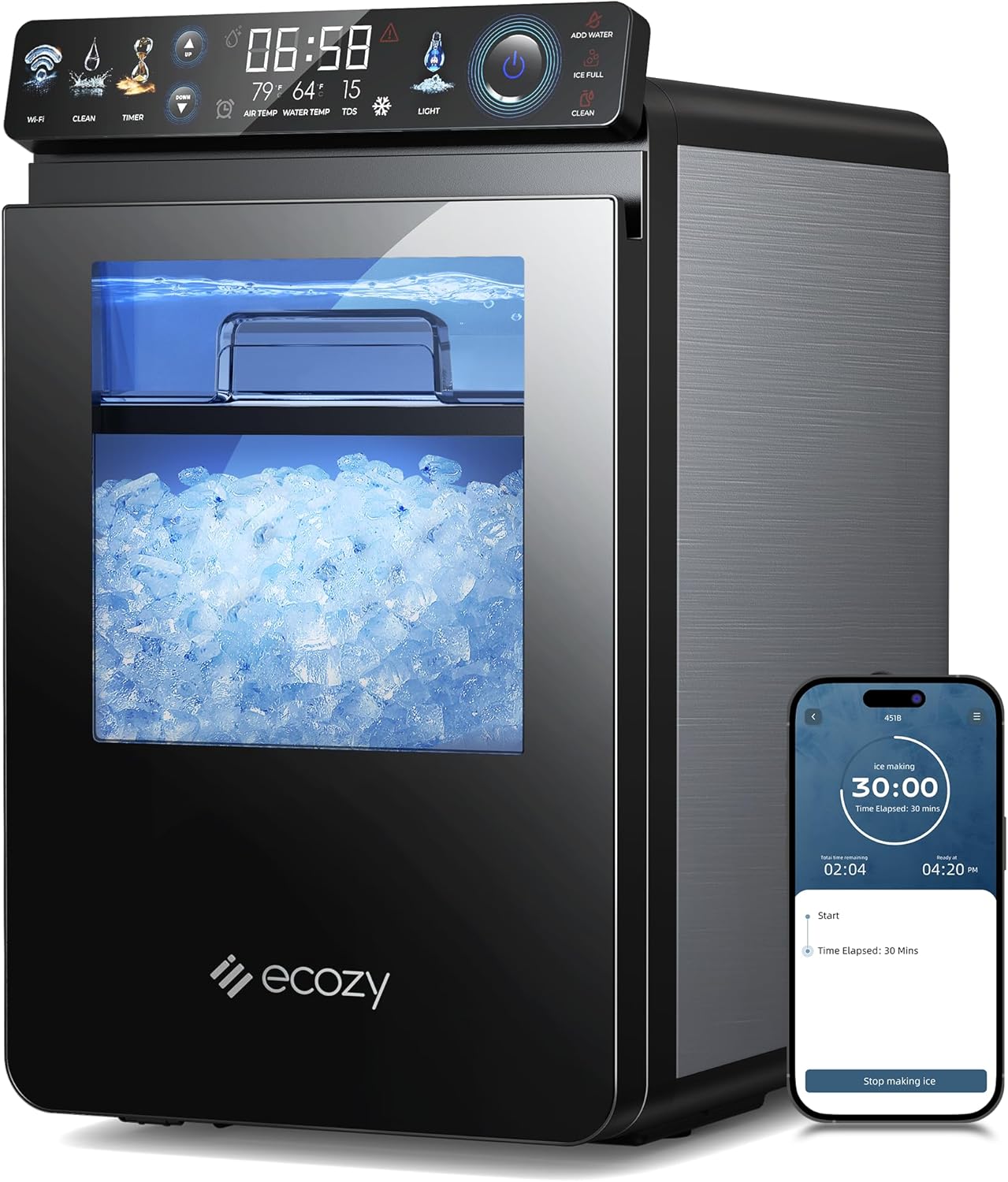 ecozy Smart Nugget Ice Maker Countertop, First Full-Color Smart Panel Ice Machin...