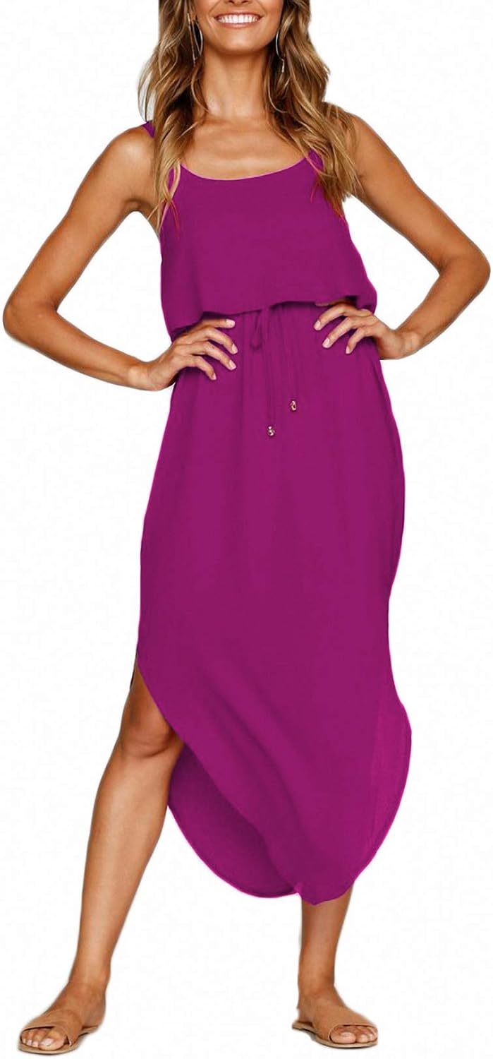 Women's Adjustable Strappy Split Summer Beach Casual Midi Dress Small Rose Purpl...