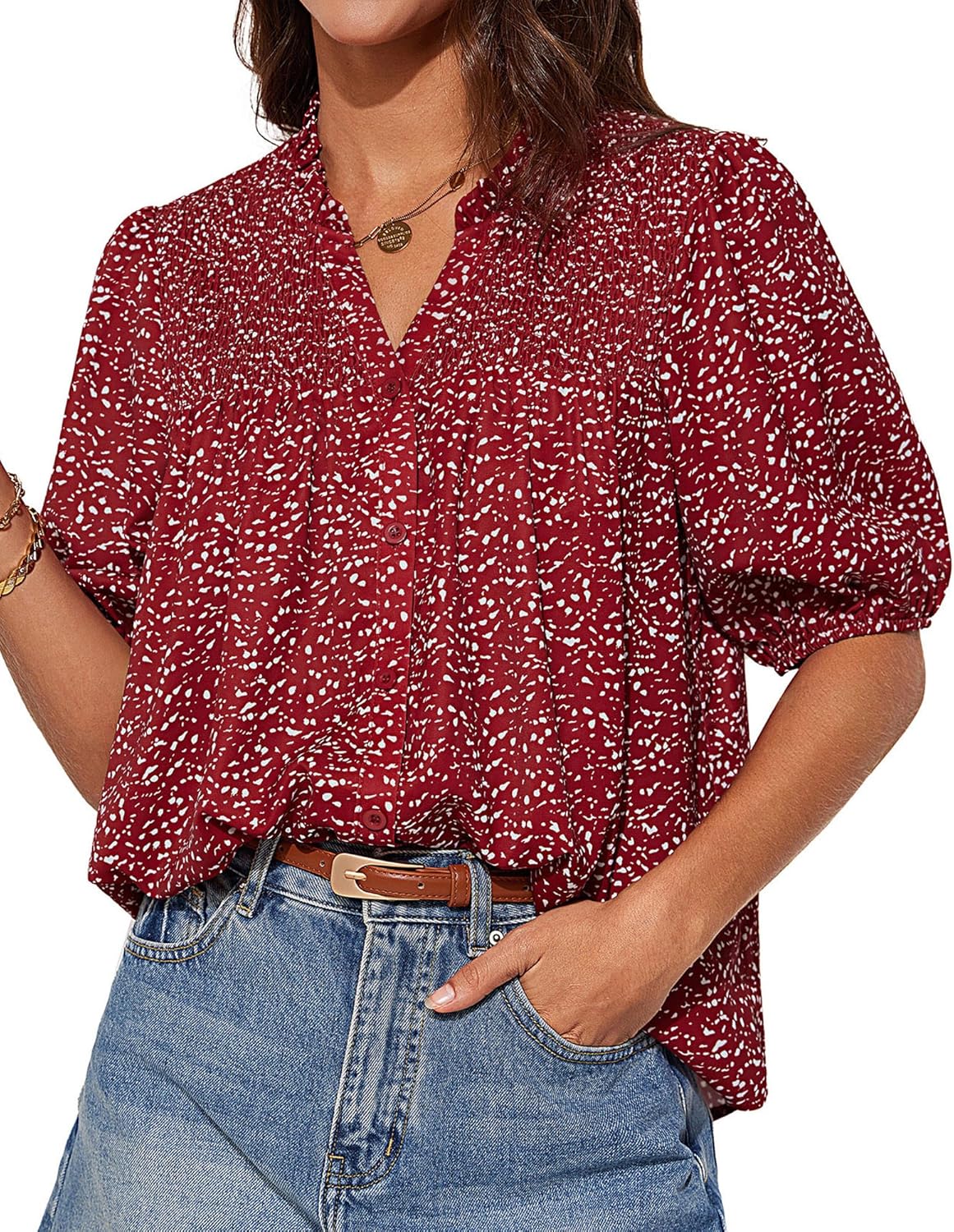 GRACE KARIN Womens Floral Button Down Shirts 2025 Puff Half Sleeve V Neck Summer...