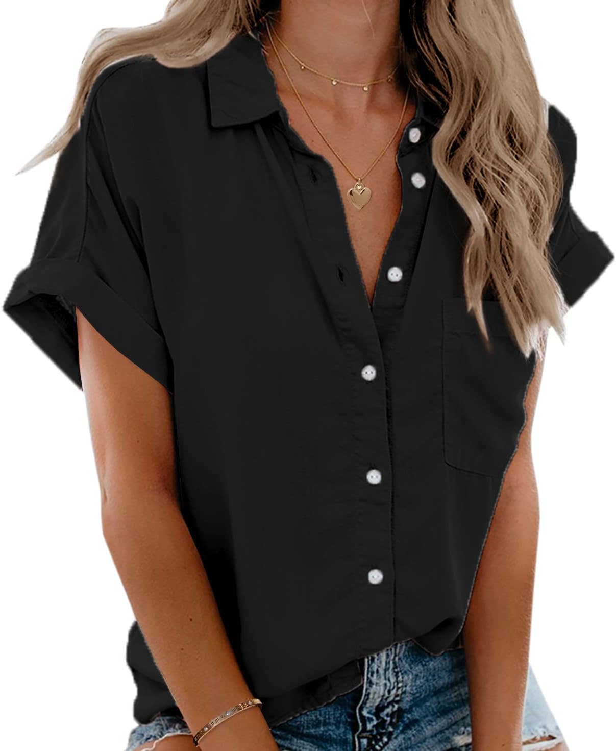 Beautife Womens Short Sleeve Shirts V Neck Collared Button Down Shirt Tops with...