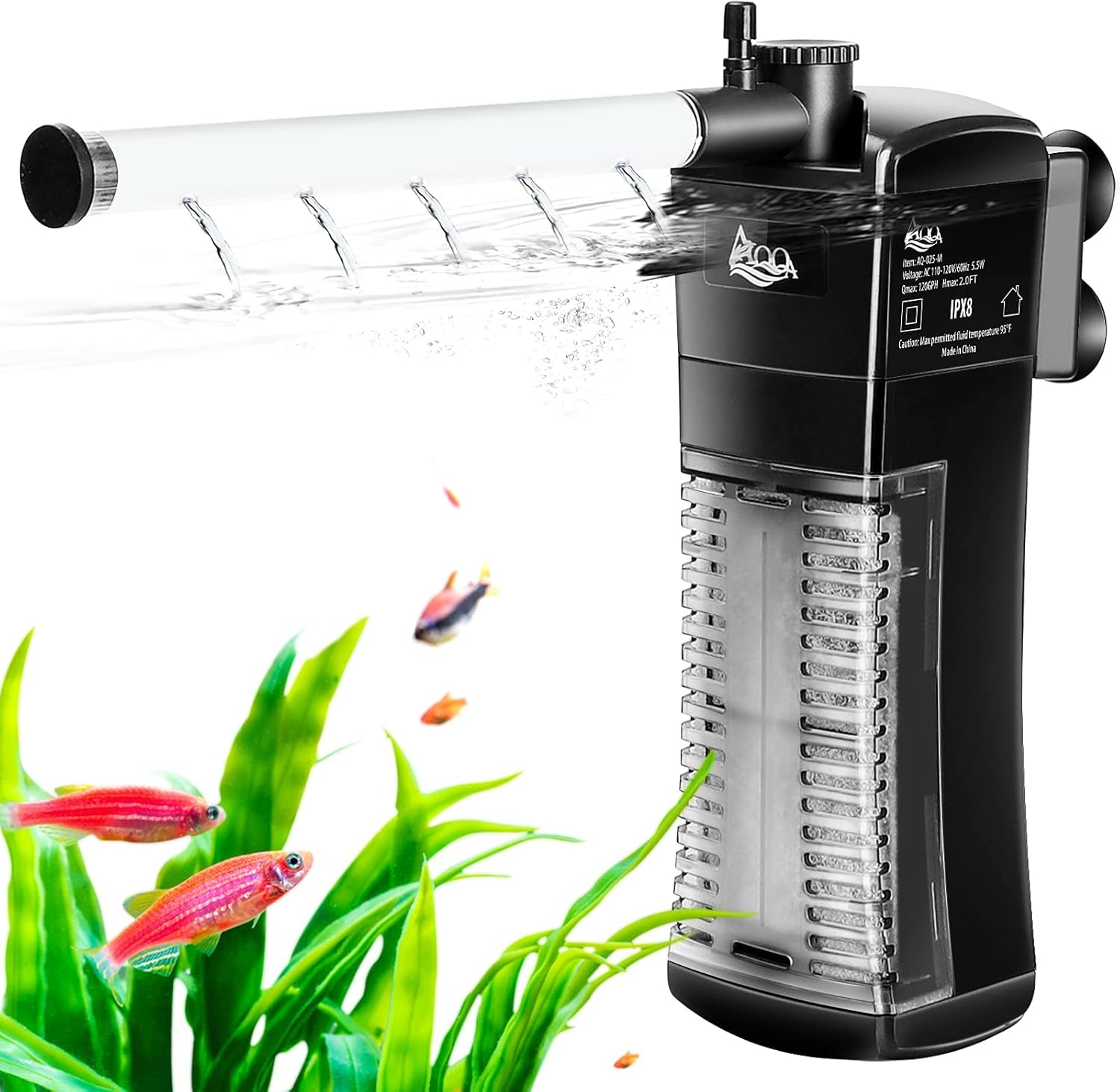 AQQA Internal Fish Tank Filter, 3 in 1 Submersible Aquarium Filter Pump with Adj...