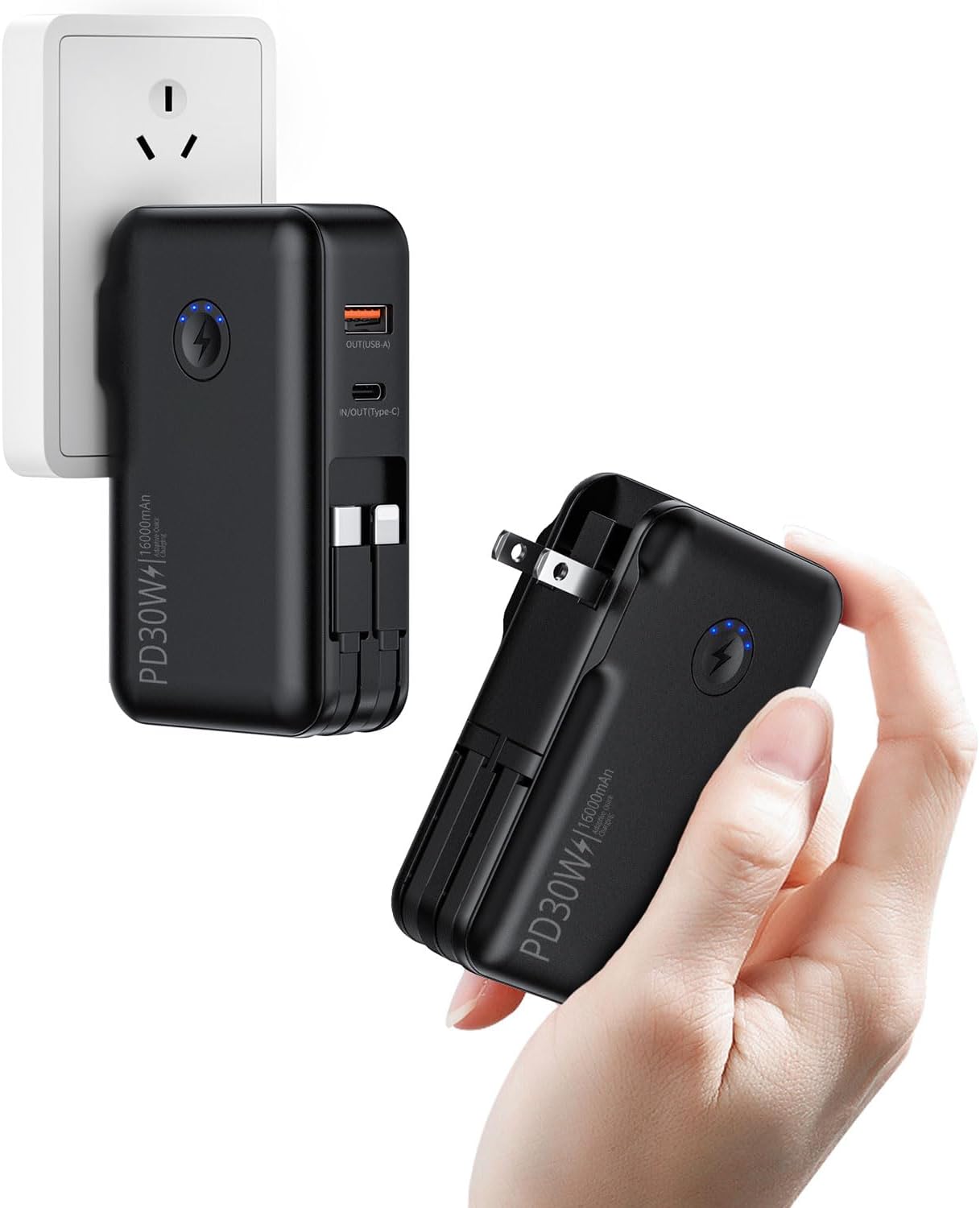 Portable Charger, Power Bank, 16000mAh Power Bank Built-in AC Wall Plug and Cabl...