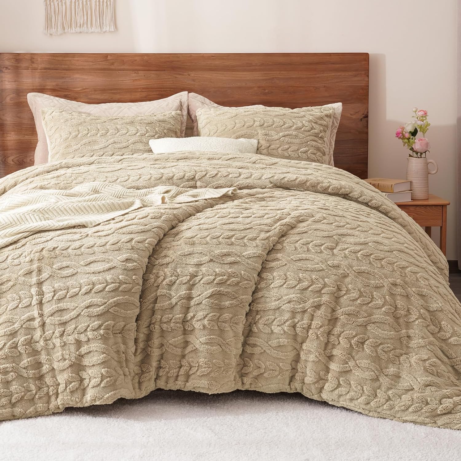 PHF Fluffy Sherpa Fleece Queen Comforter Set, 3 Pieces Warm Fuzzy Soft Bedding f...