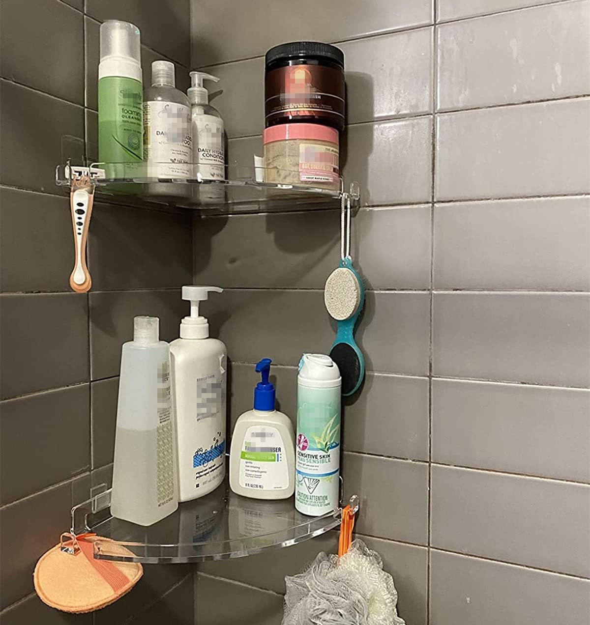 JiePai Acrylic Corner Shower Caddy Shelf with Hooks 2 Pack, Adhesive Wall Mounte...