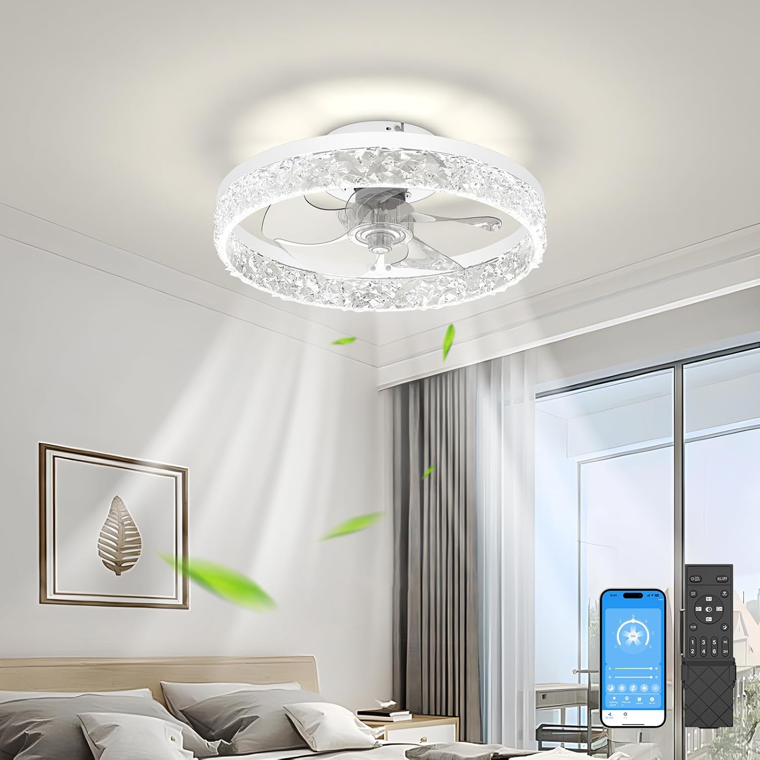 Low Profile Ceiling Fans with Lights, 15.7in Flush Mount Fandelier Ceiling Fan w...