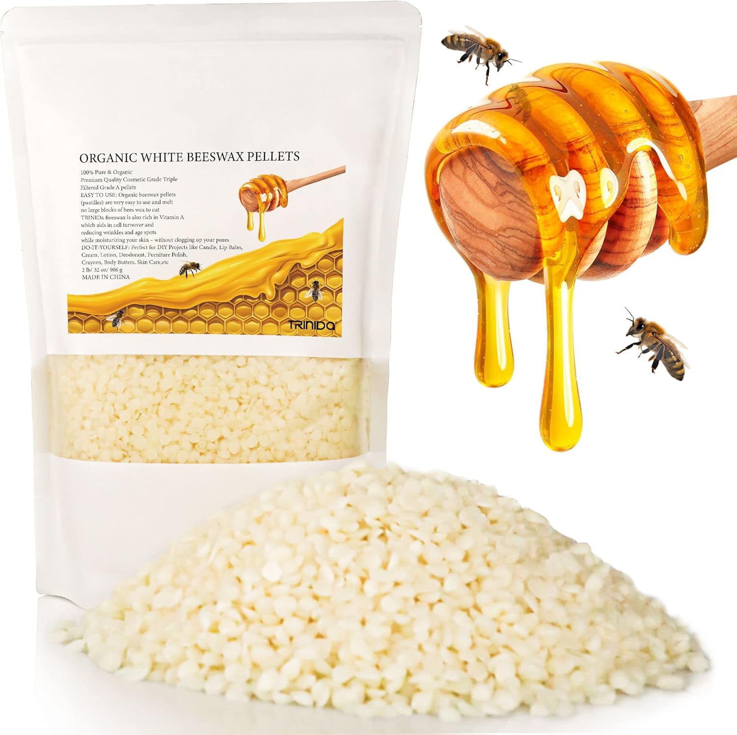 TRINIDa Beeswax Pellets 906g(32 oz), White Bees Wax for DIY Candles, Beeswax for...