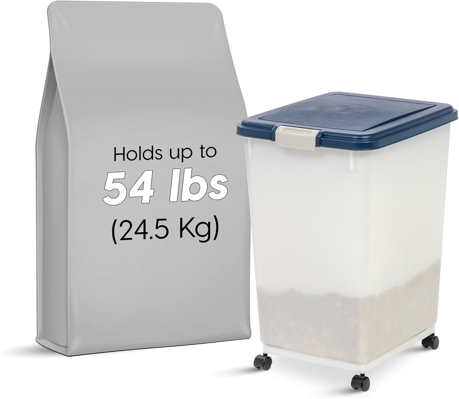 IRIS USA Airtight Pet Food Storage Container, Up to 54 lbs, Attachable Wheels, F...