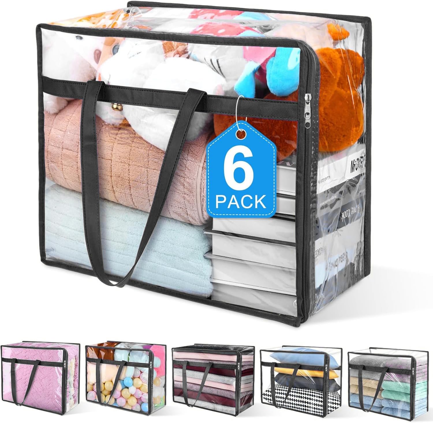 Budding Joy 6 Pack Clear Zippered Storage Bags for Clothes,40L Closet Organizers...