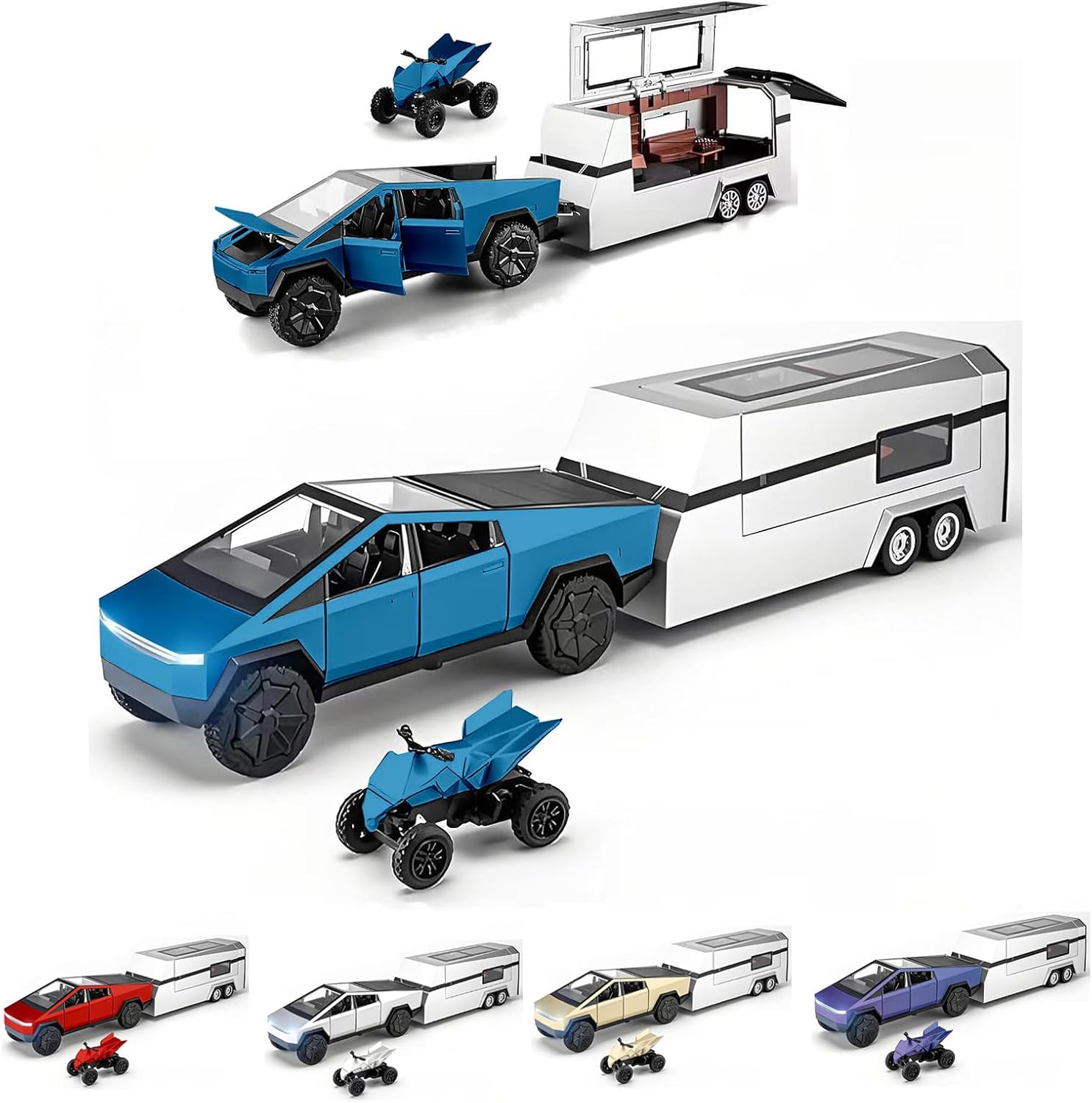Cybertruck Toy Gold Alloy Die-cast Car Model with RV& ATV Cyberquad Motorcycle T...