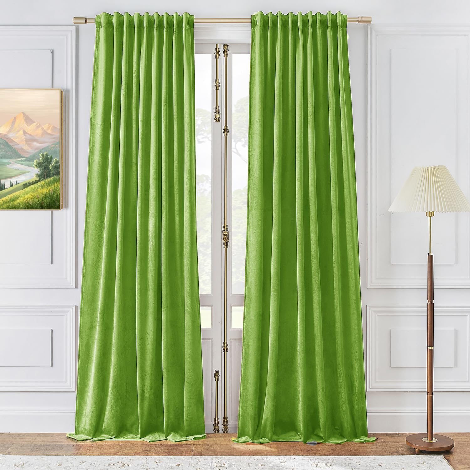 Timeper Lime Green Pleat Back Tab Velvet Curtains W52 x L84 inches 2 Panels, Roo...