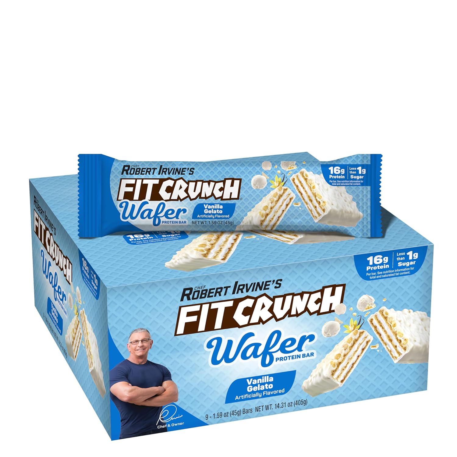 FITCRUNCH Wafer Protein Bars, 16g of Protein & 1g of Sugar (9 Bars, Vanilla Gela...