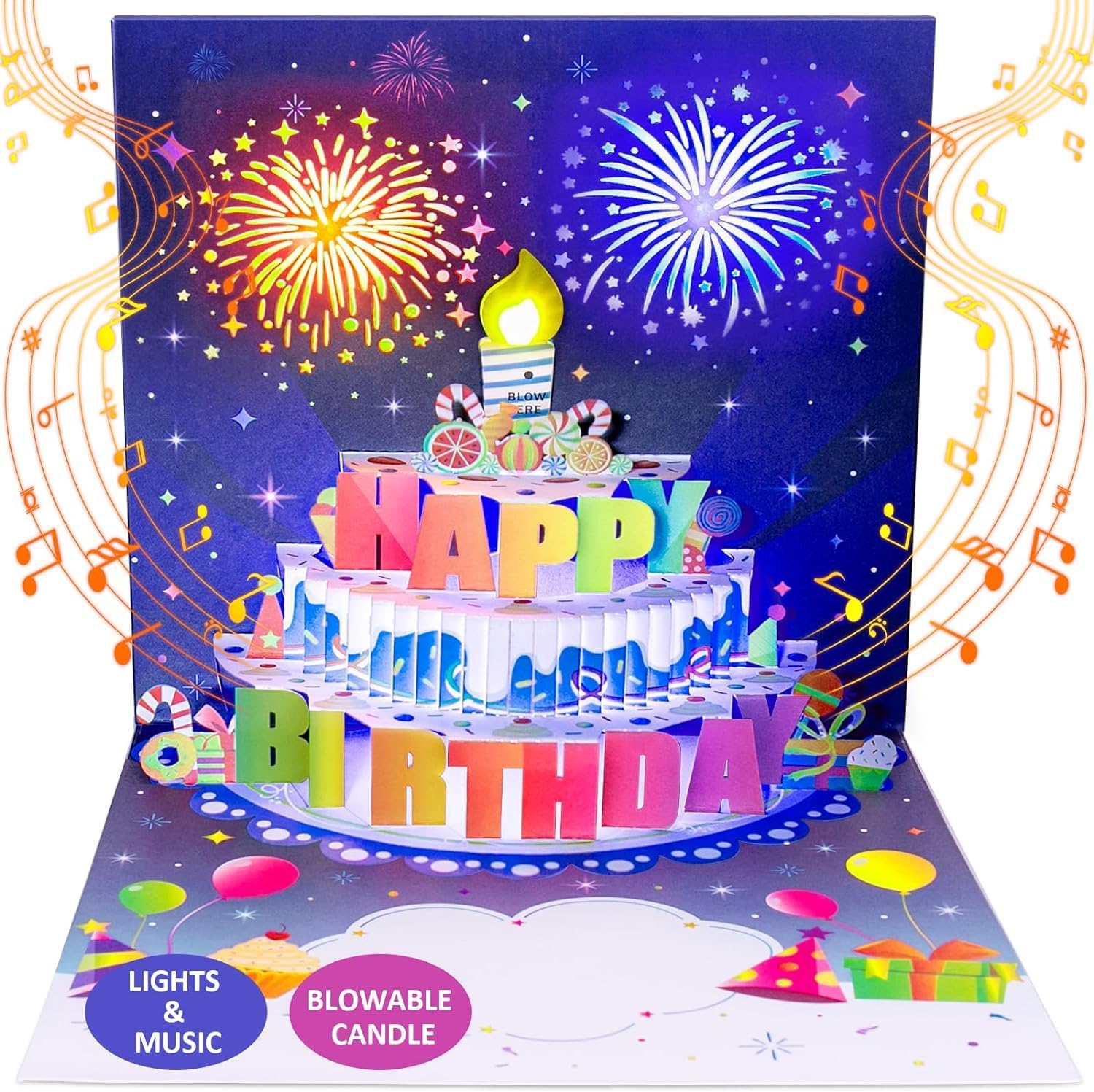 INPHER Birthday Cards Fireworks Pop Up Cake Blowable Light and Music Happy Birth...