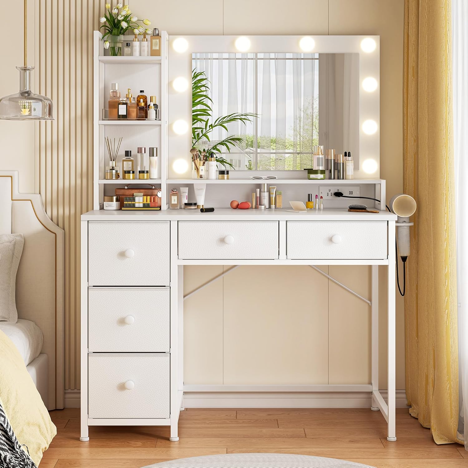 EnHomee White Vanity Desk with Mirror and Lights, Vanity Desk with 5 Fabric Draw...