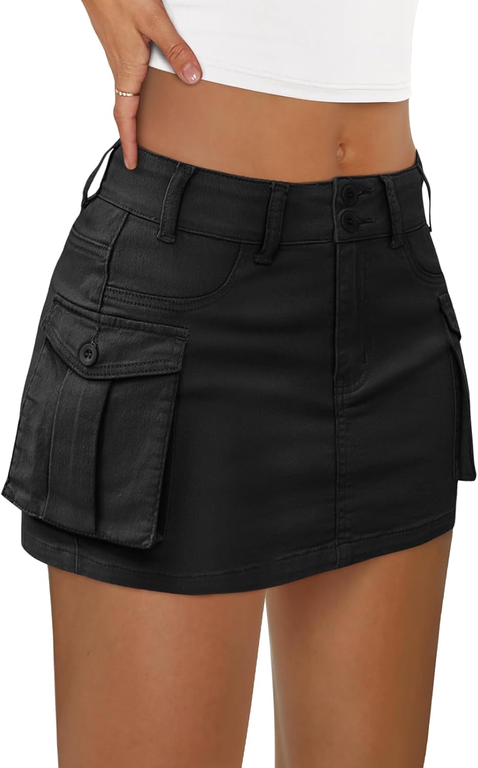LILLUSORY Women Cargo Mini Skirt Denim Jean Dress with Pocket Small Black
