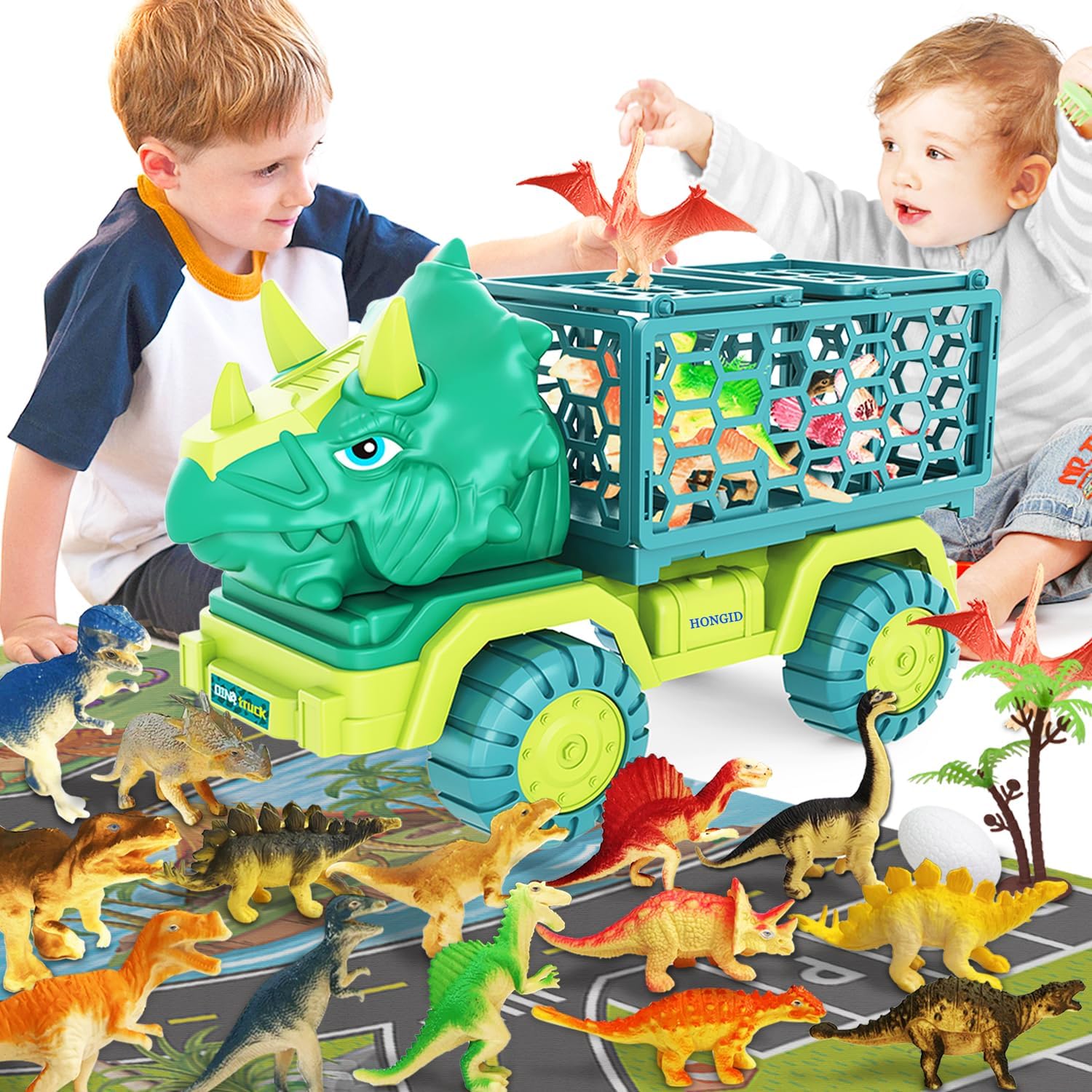 HONGID Dinosaur Truck Toys for Kids 3-5, Triceratops Car Toy with 15 Dino Figure...