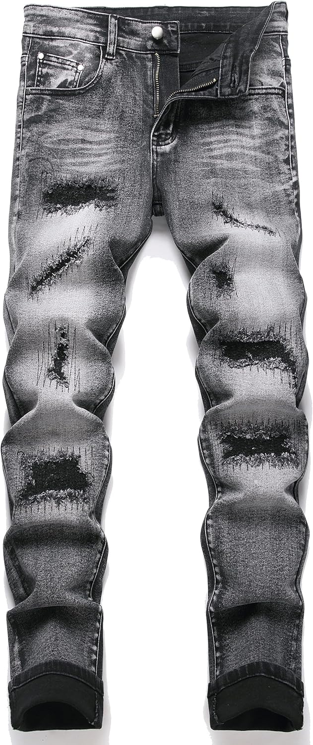 OIIIO Men's Patch Ripped Stretch Regular Fit Jean 34 6662 Grey