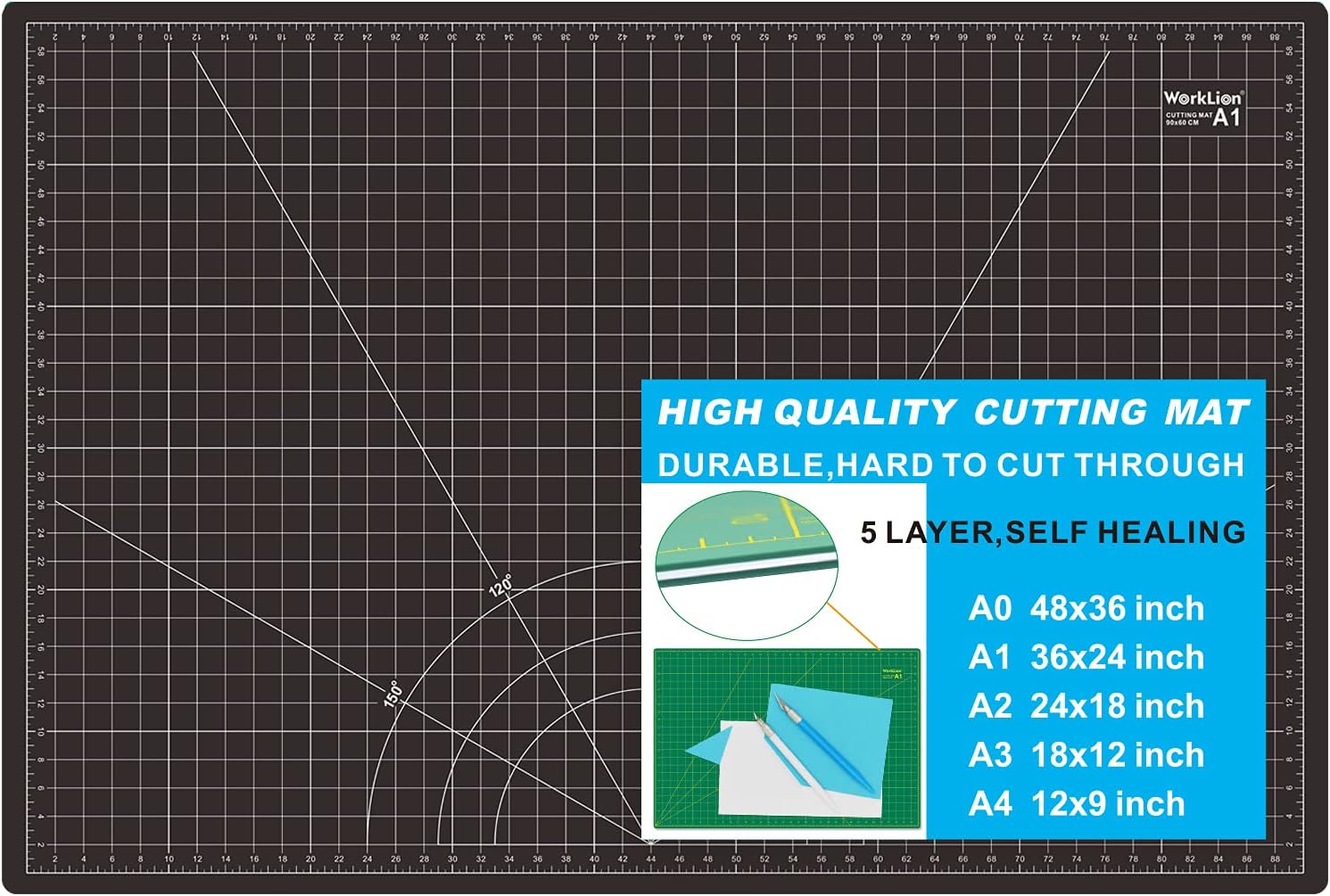 WORKLION Self Healing Cutting Mat: 24 x 36 inch Large Double Sided 5-Layer Gridd...