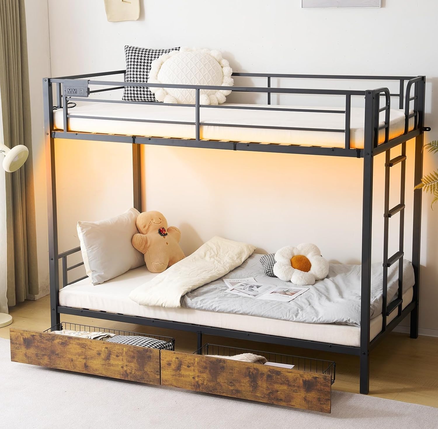 VINGLI Metal Bunk Bed Frame Twin Over Twin with 2 Drawers, LED Lights, Non-Slip...
