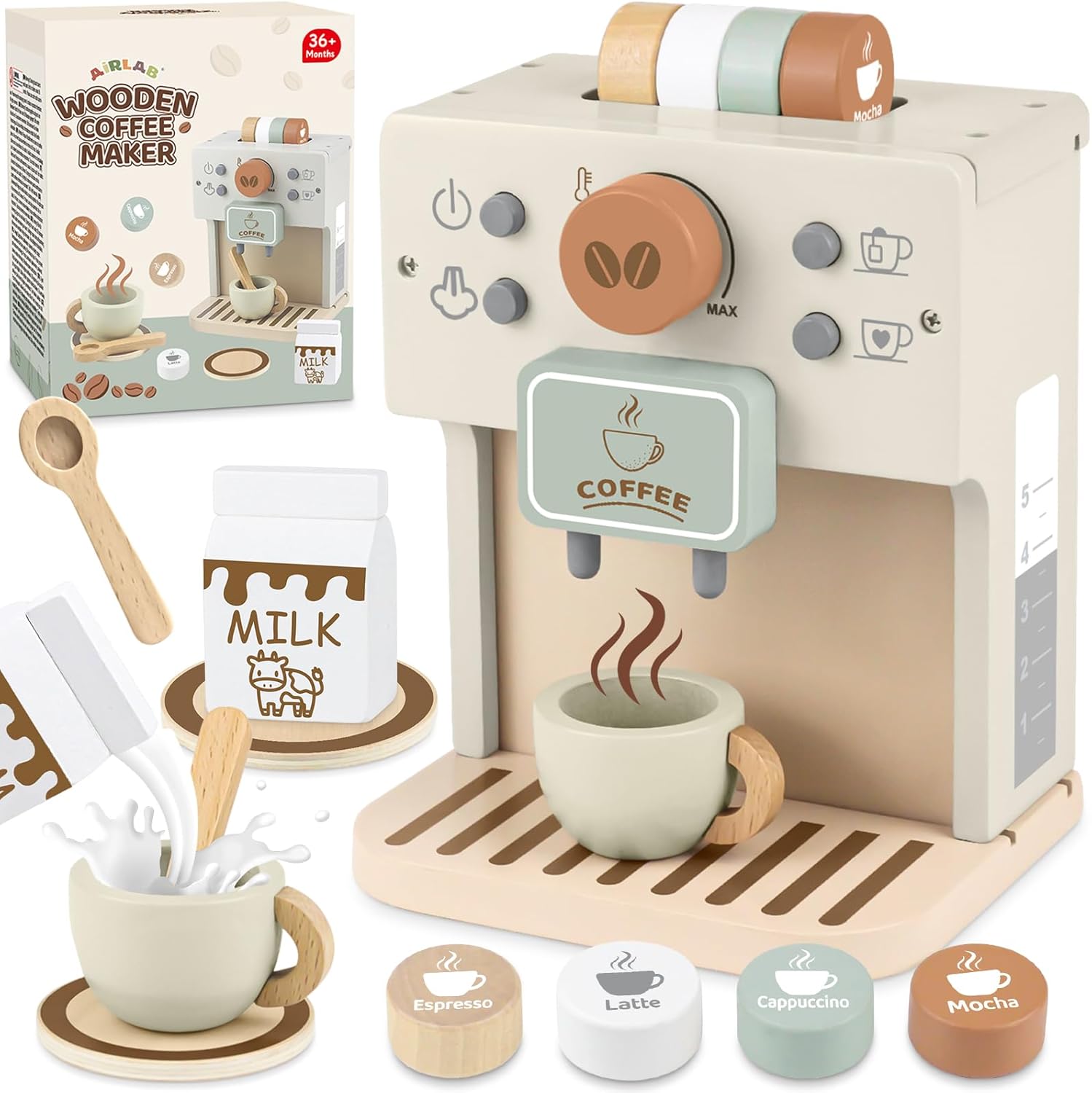 Airlab Wooden Coffee Machine Toy, 12 Piece Toy Kitchen Accessories and Afternoon...