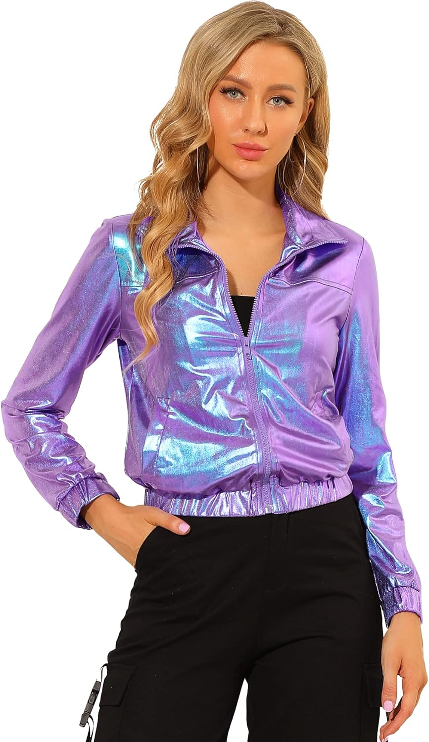 Allegra K Women's Holographic Shiny Party Christmas Long Sleeve Lightweight Zipp...