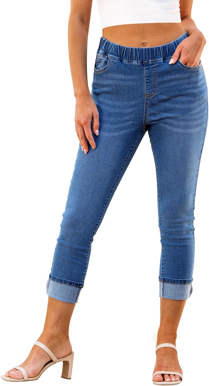 LookbookStore Capri Jeans for Women High Waisted Pull On Elastic Wasit Stretchy...
