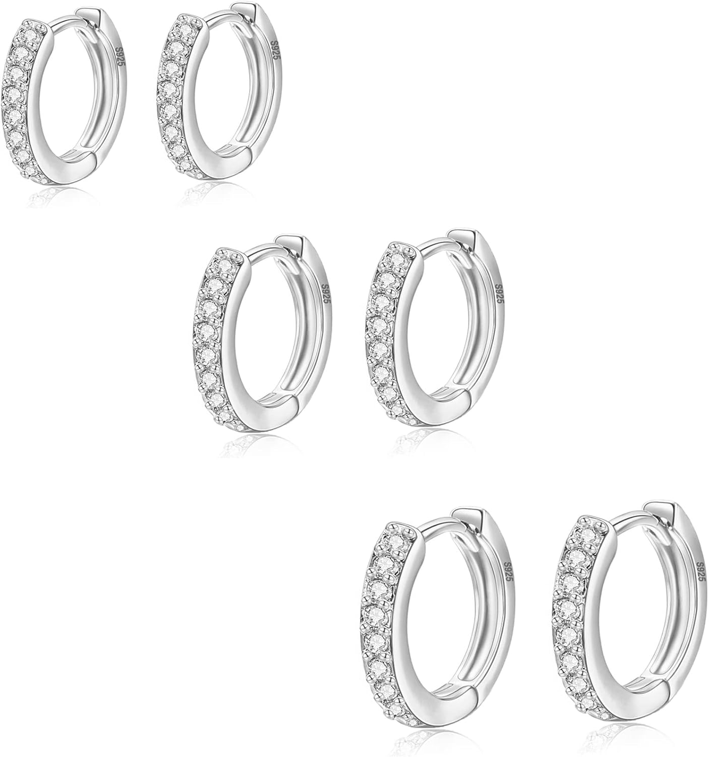 3 Pairs Sterling Silver Hoop Earrings for Women S925 Huggie Hoop Earrings With C...