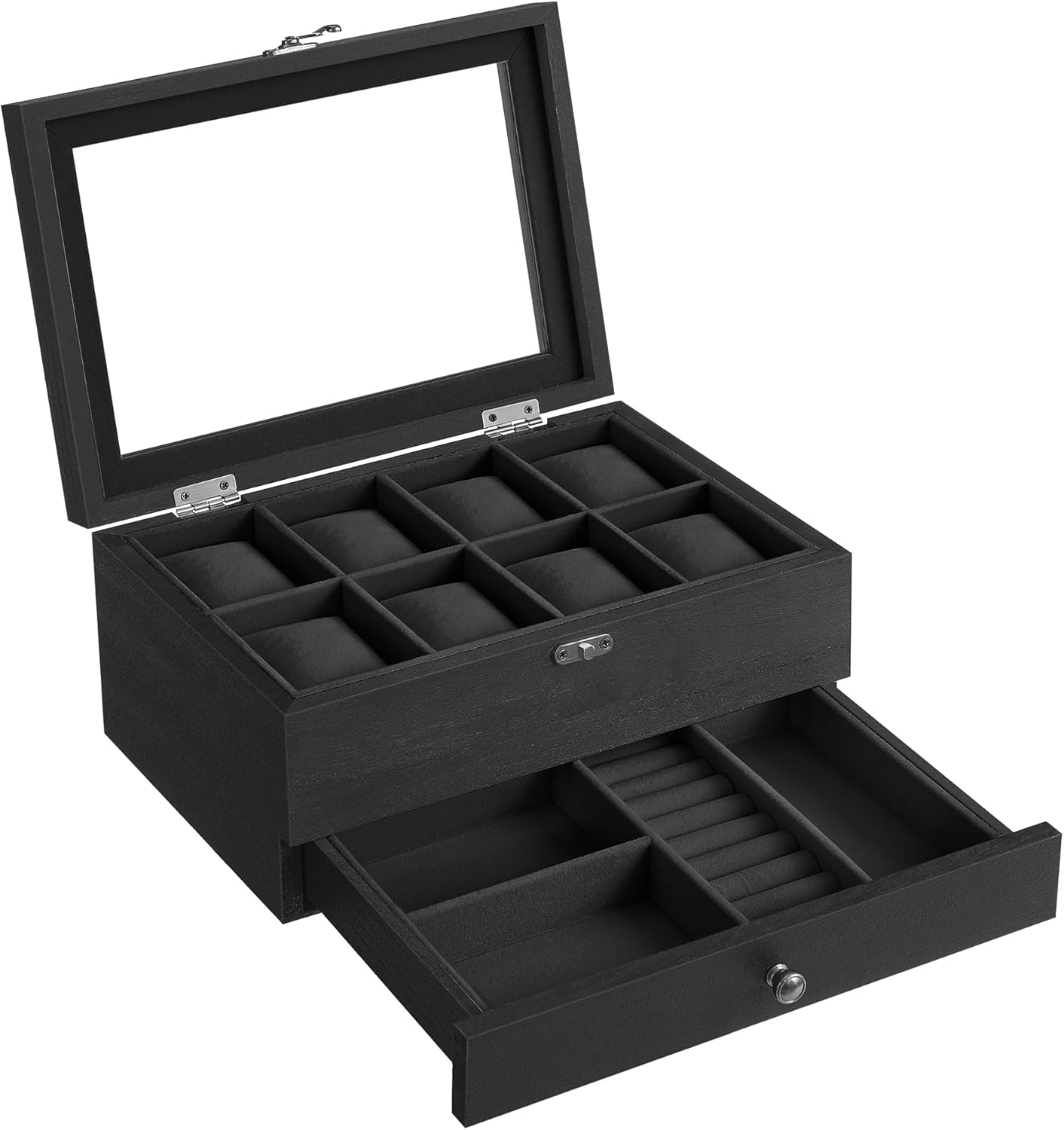 SONGMICS Watch Box with 8 Slots, 2-Tier Wood Watch Case with Large Glass Lid, Wa...